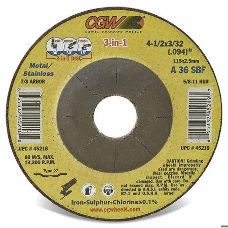 CGW ABRASIVES 3-in-1 High Performance Depressed Center Wheel, 4-1/2 in Dia x 3/32 in THK, 36 Grit, Aluminum Oxide 45219